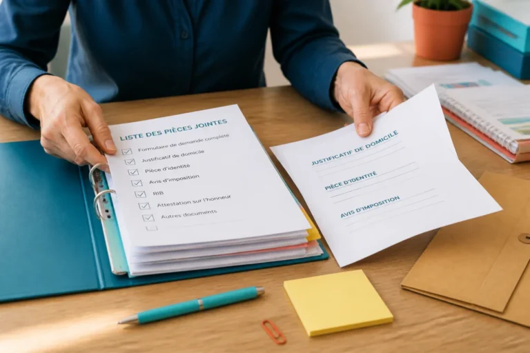 Organisation des pièces jointes d’un courrier administratif à envoyer correctement, avec liste cochée et documents classés par ordre.