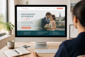 Maquette de site web simple pour photographe de mariage à Lyon, photo de couple et bouton de demande de devis