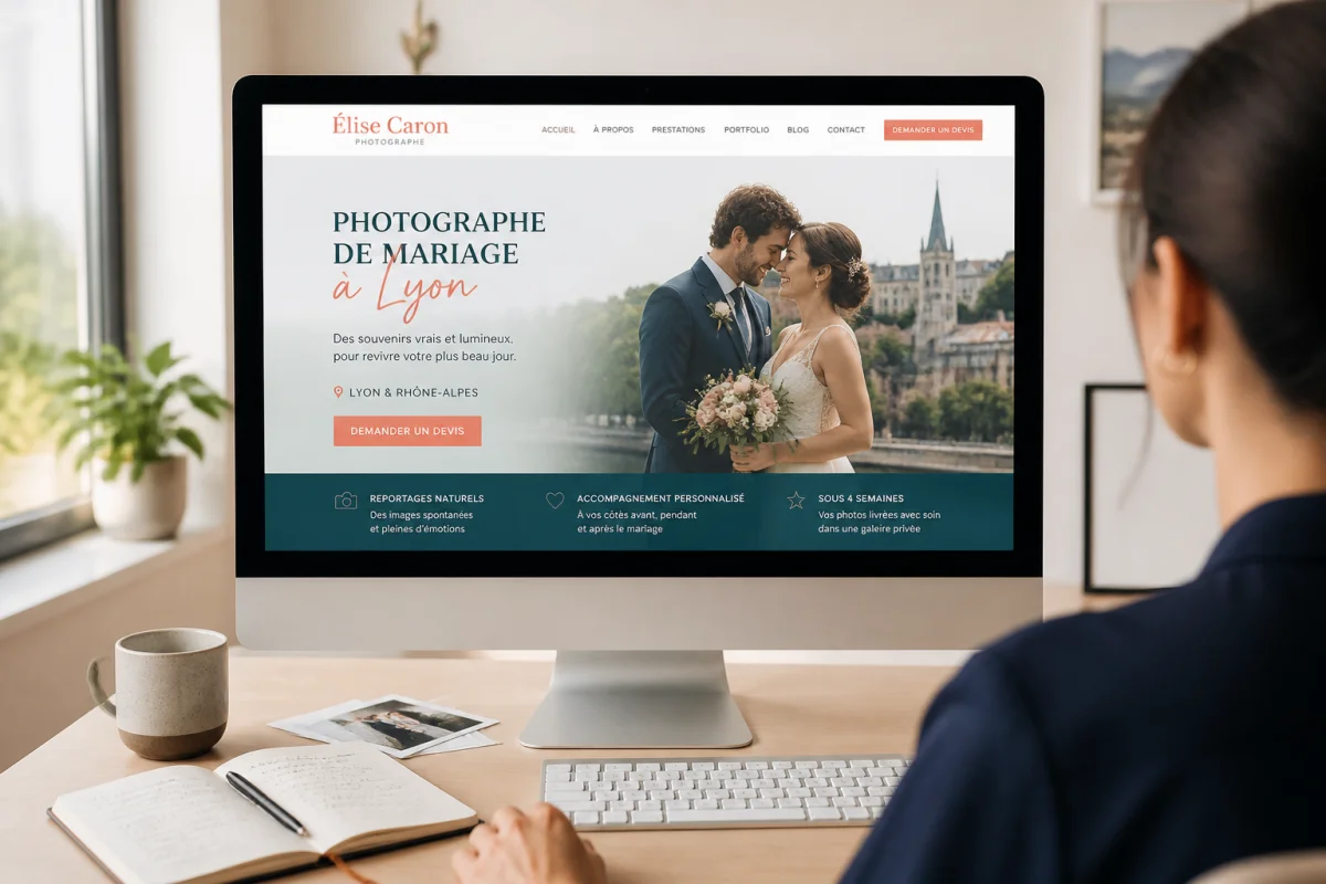 Maquette de site web simple pour photographe de mariage à Lyon, photo de couple et bouton de demande de devis