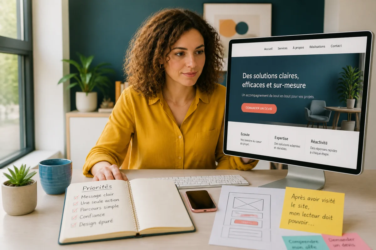 Entrepreneuse concevant un site web simple avec un bouton de demande de devis sur une maquette épurée