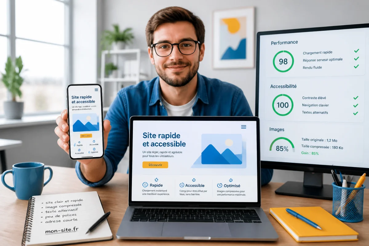 Créateur de site web simple conçoit une interface rapide et accessible sur ordinateur portable et smartphone