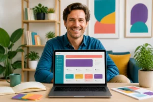 Personne souriante découvrant la plateforme éditoriale Pride Avenue sur un ordinateur portable, dans un intérieur moderne et accueillant