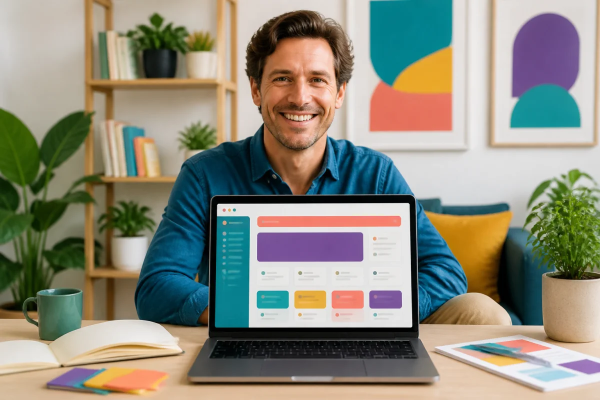 Personne souriante découvrant la plateforme éditoriale Pride Avenue sur un ordinateur portable, dans un intérieur moderne et accueillant