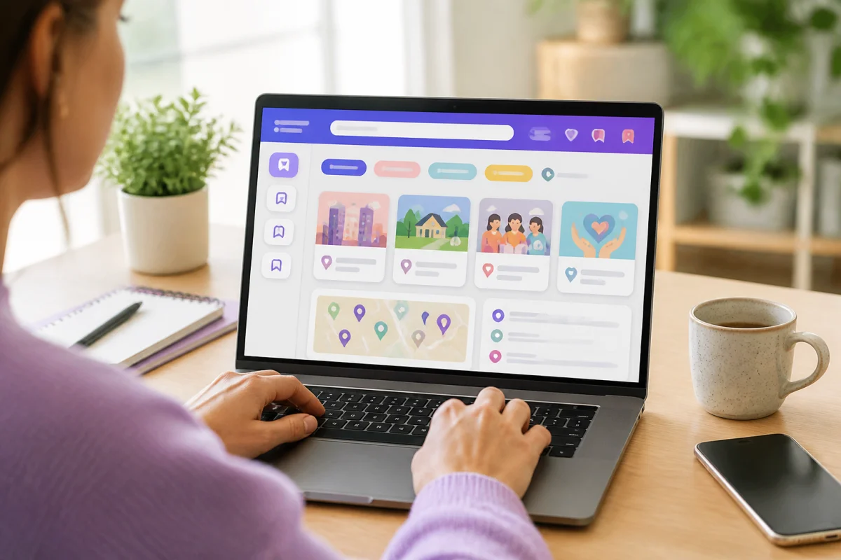 Personne adulte consultant Pride Avenue sur un ordinateur portable, plateforme inclusive présentant adresses et catégories