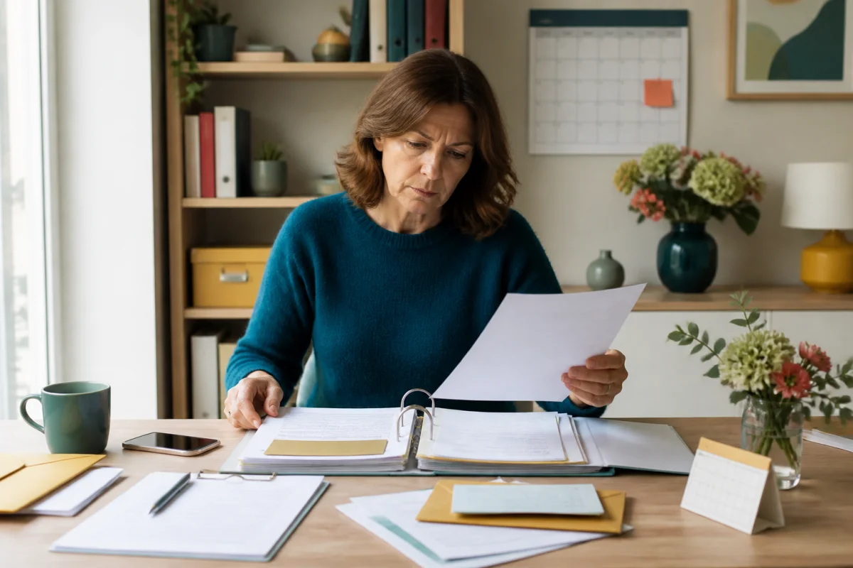 Personne organisant les démarches administratives après un décès parmi dossiers, documents, enveloppes et checklist sur un bureau