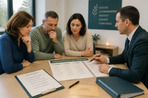 Famille accompagnée par un conseiller funéraire pour organiser les démarches administratives après un décès autour d’un calendrier