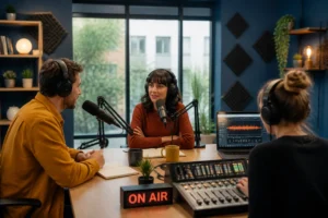 Double Monde accompagne une équipe dans l’enregistrement professionnel d’un podcast de marque en studio contemporain