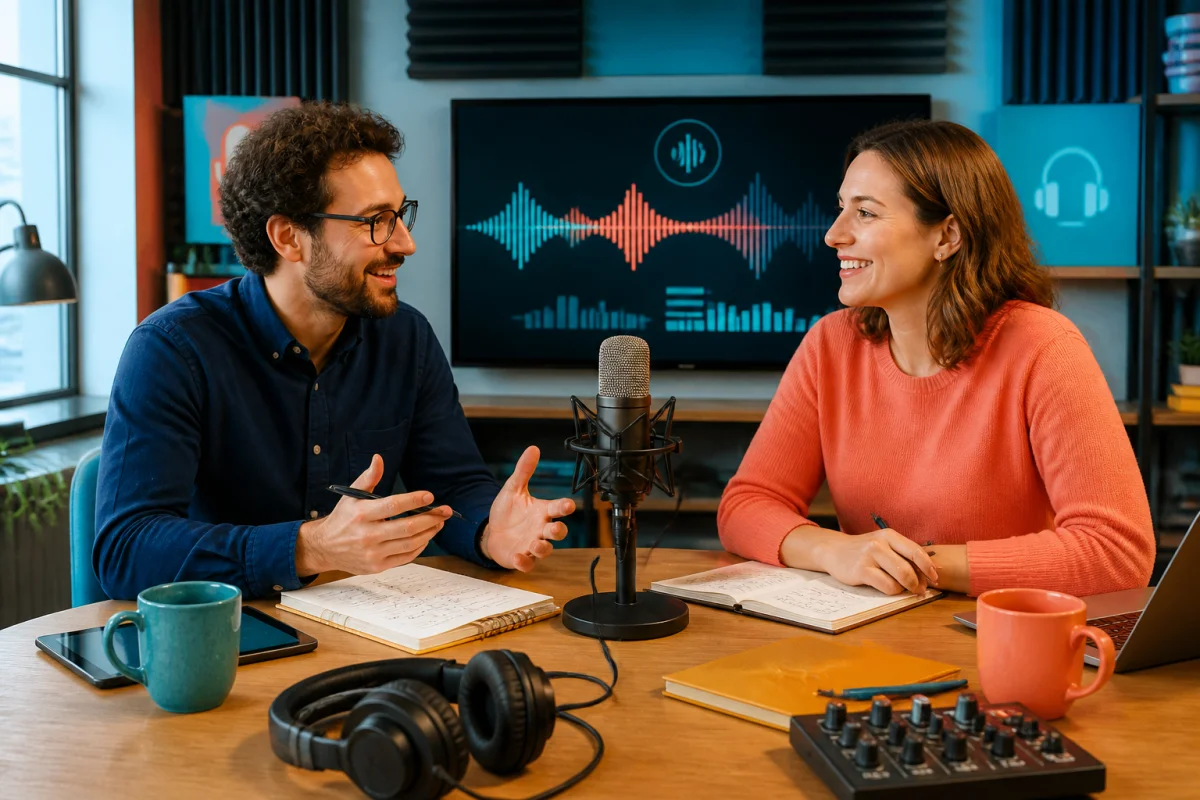 Double Monde accompagne deux professionnels dans la conception collaborative d’un podcast de marque en studio audio