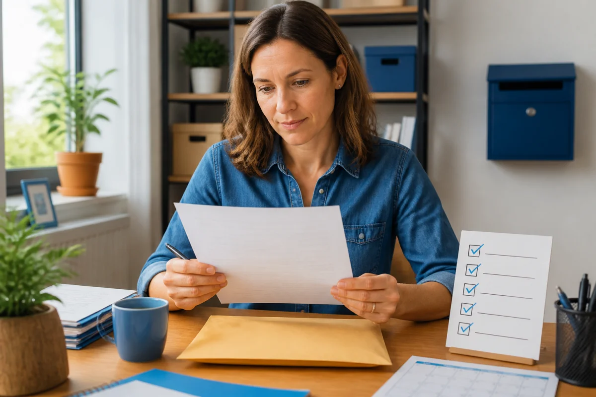 Vérification méthodique d’un courrier administratif à envoyer correctement, avec checklist, enveloppe et documents organisés sur un bureau.