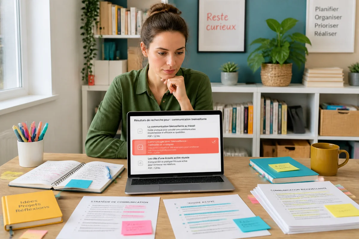 Personne francophone consultant French Does sur ordinateur et sélectionnant des ressources françaises parmi des documents, dans un bureau lumineux.