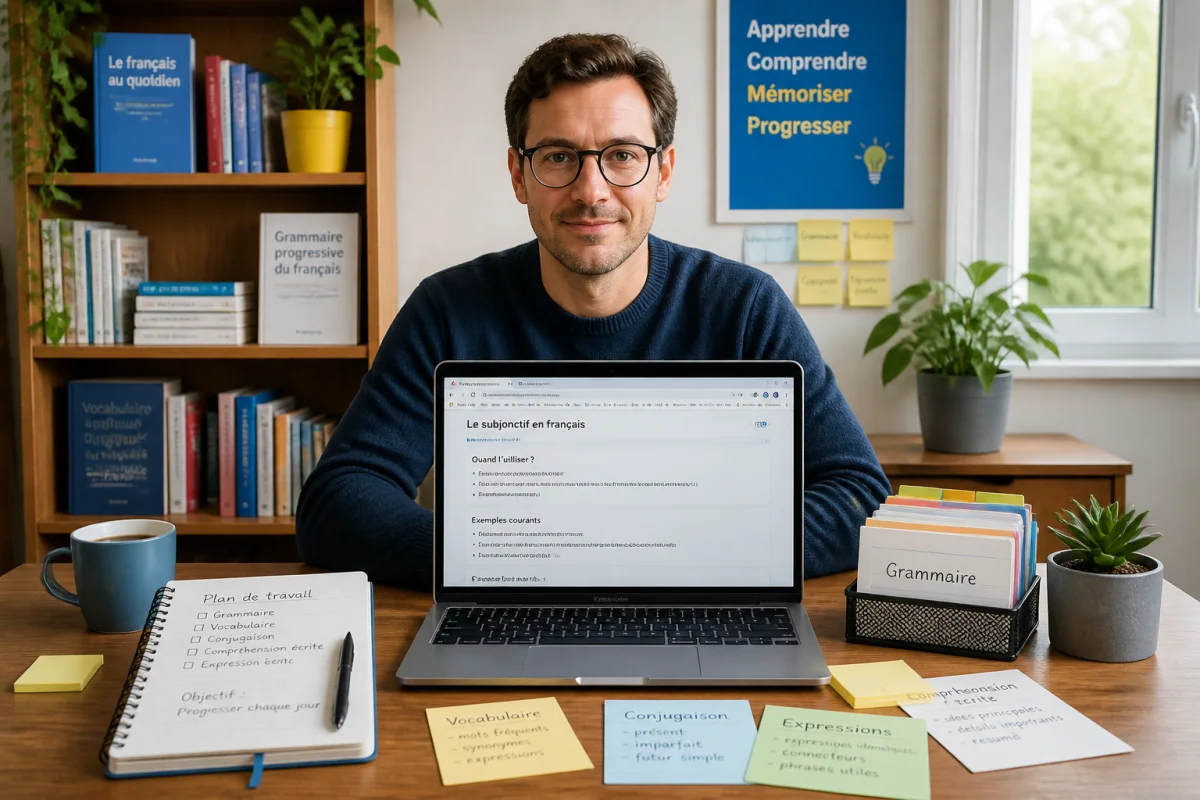 Personne consultant French Does sur un ordinateur, avec ressources françaises, notes organisées et fiches thématiques dans un bureau lumineux.
