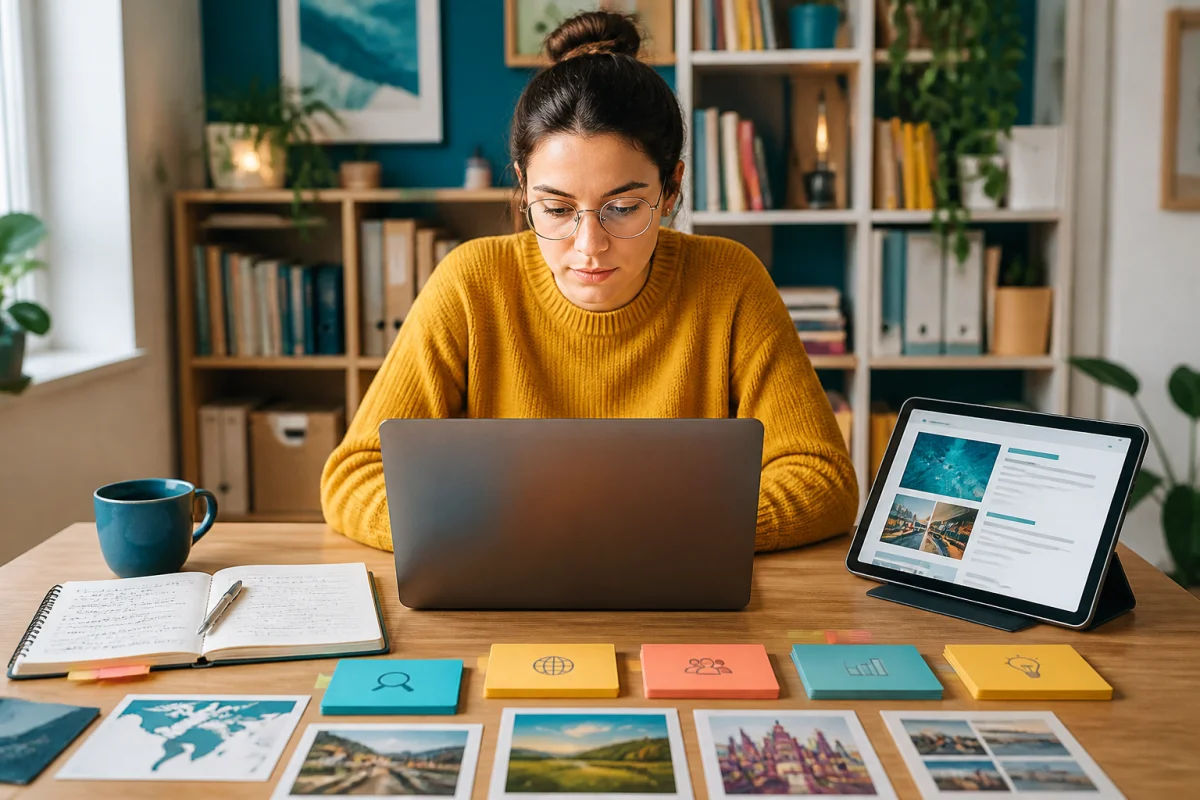Personne consultant des ressources en français sur un ordinateur, entourée de fiches thématiques et d’un carnet, avec French Does.