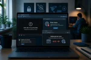 Ordinateur portable affichant une vidéo inaccessible, une erreur réseau et une redirection vers le domaine french-stream.gratis