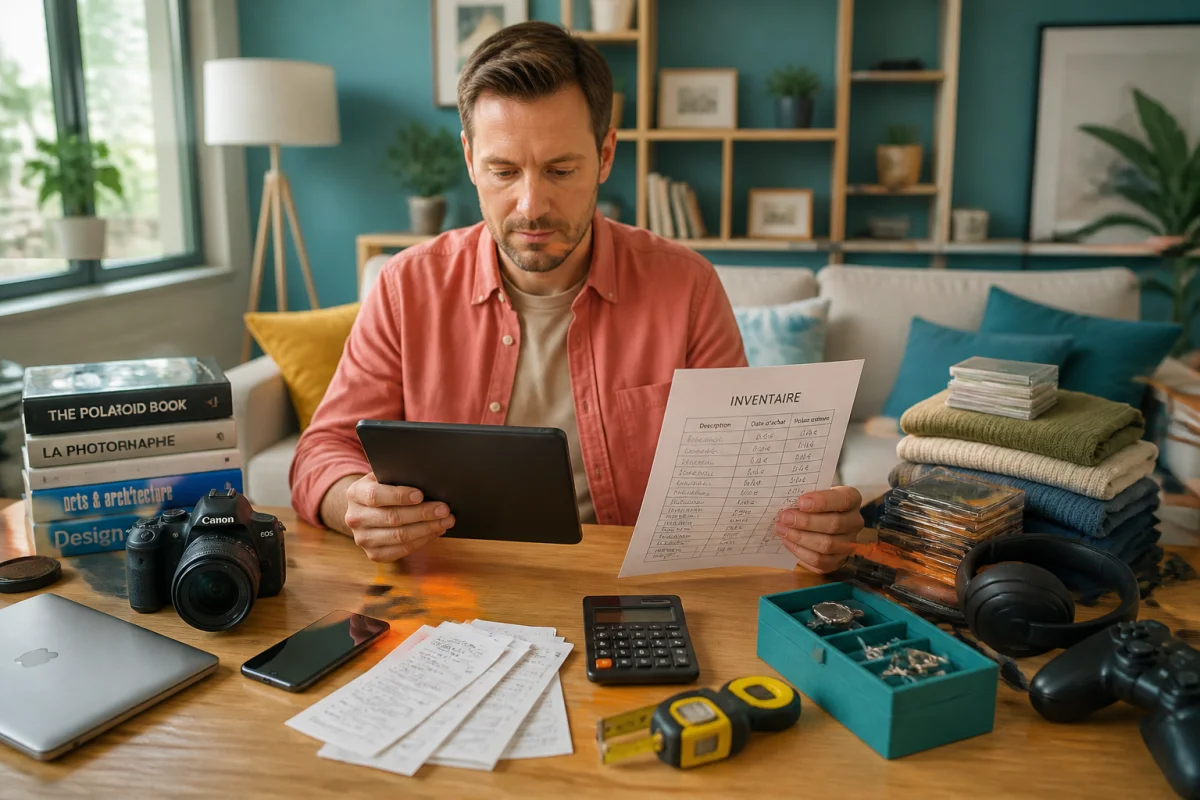 Locataire évaluant ses biens avec une tablette pour préparer son guide assurance habitation locataire