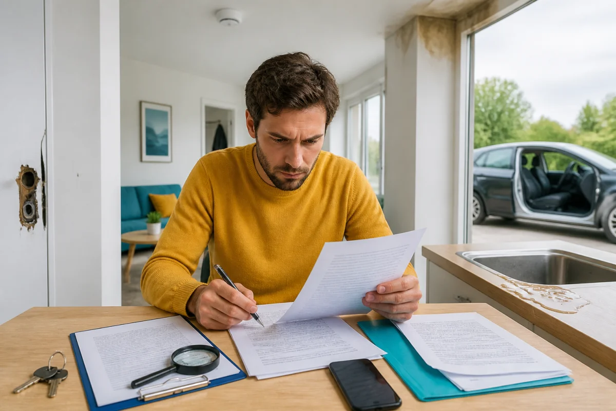 Guide assurance habitation locataire : personne vérifiant un contrat et ses garanties dans un appartement lumineux