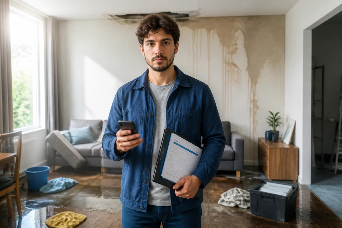 Locataire documentant un dégât des eaux dans son appartement, dossier d’assurance en main et dommages visibles à l’arrière-plan