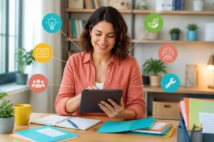 Hadlemans accompagne une personne consultant des guides, services et outils pratiques sur une tablette.