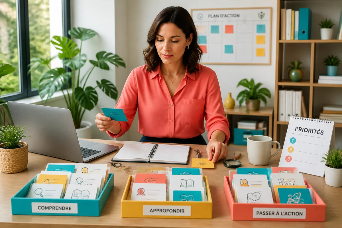 Professionnelle choisissant des ressources parmi des fiches colorées sur un bureau organisé, dans un espace lumineux inspiré par Hadlemans