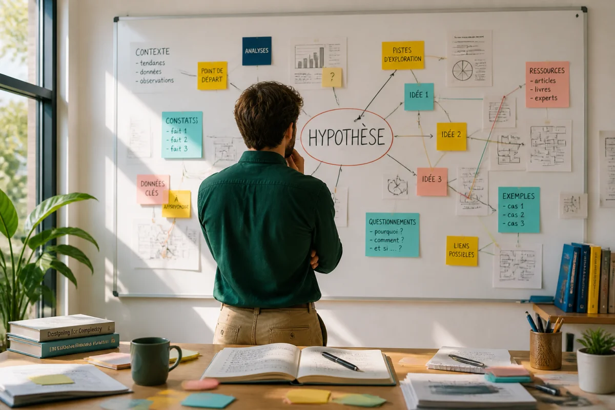 L’Hypothese au centre d’un tableau reliant idées, notes et pistes de réflexion dans un bureau lumineux