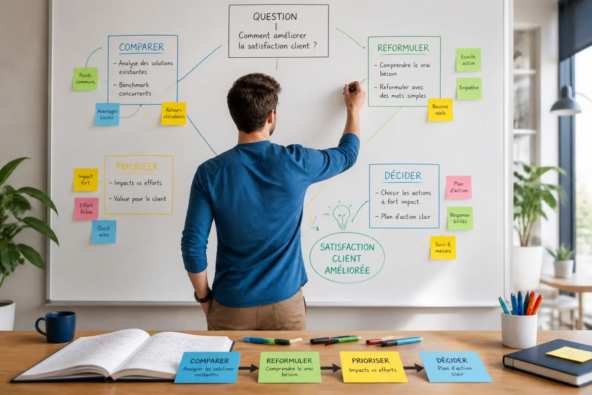 Personne reliant des idées sur un tableau pour explorer L'Hypothese et structurer une réflexion créative