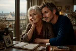 Couple d’âges différents partageant un moment tendre et mélancolique, évoquant les jeunes amants et le poids du temps