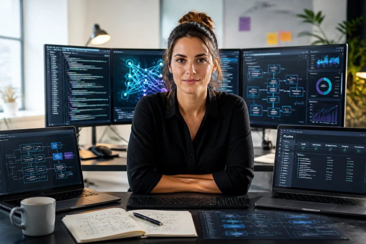 Développeuse logicielle travaillant sur une application d’intelligence artificielle, symbole des métiers bien payés en 2026