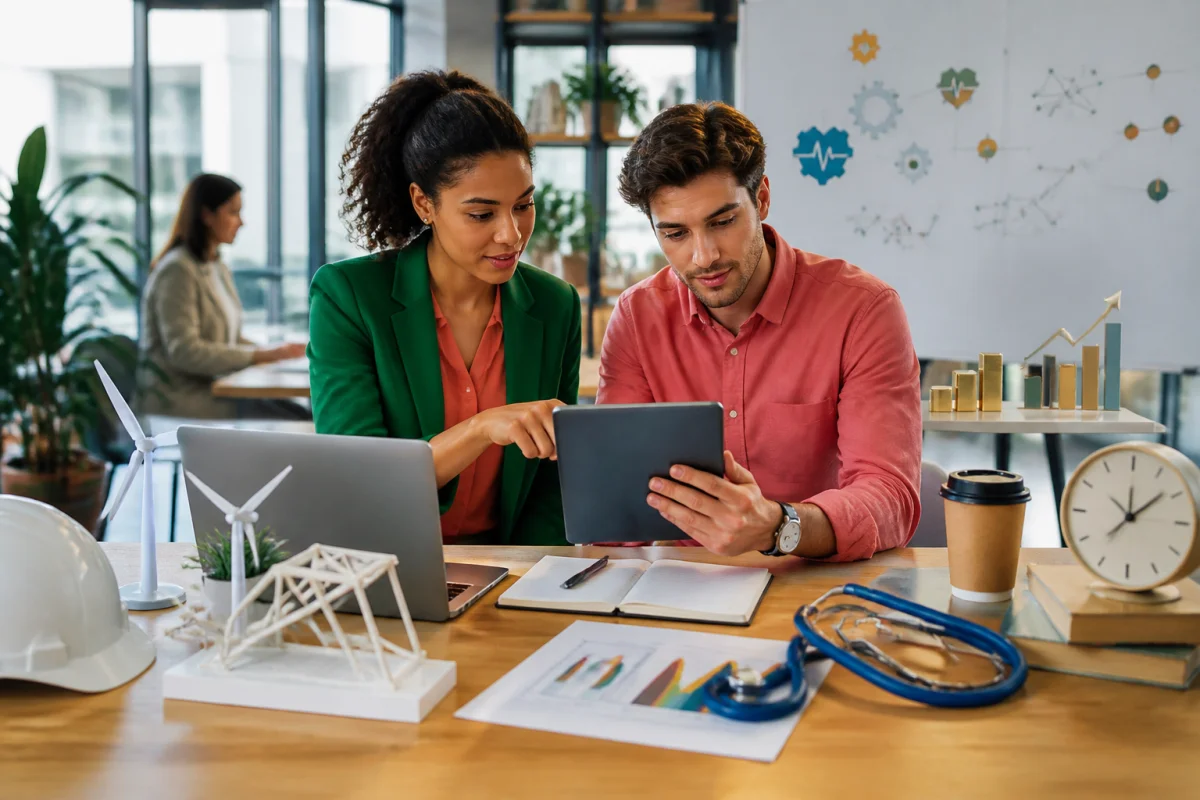 Jeune professionnelle et jeune professionnel analysant des parcours de carrière pour les métiers bien payés en 2026 dans un coworking