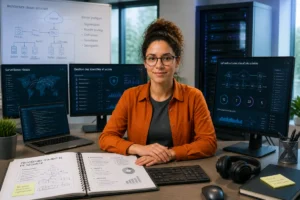 Professionnel de la cybersécurité en reconversion, illustrant les métiers bien payés en 2026 dans un environnement cloud.