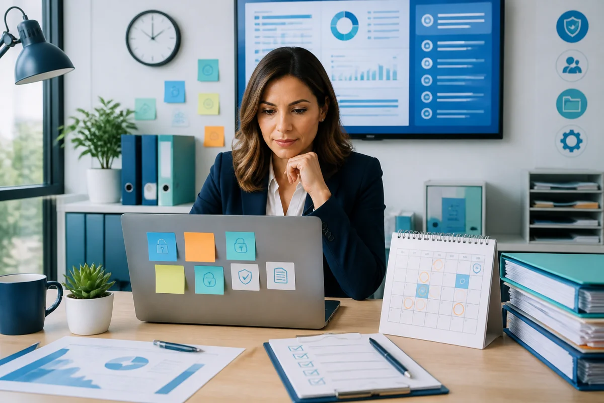Responsable conformité mettant en place une politique de confidentialité, checklist cochée et calendrier de révisions trimestrielles à l’écran