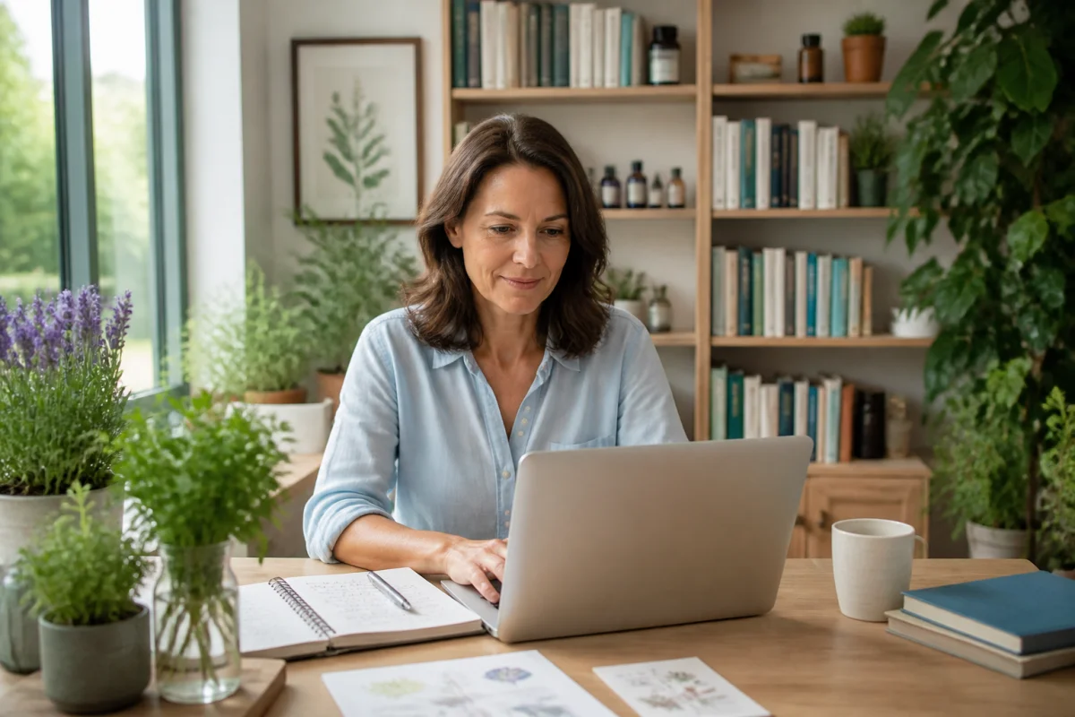Personne consultant des informations sur Naturheilpraxis Ehningen dans un cabinet de santé naturelle lumineux et accueillant