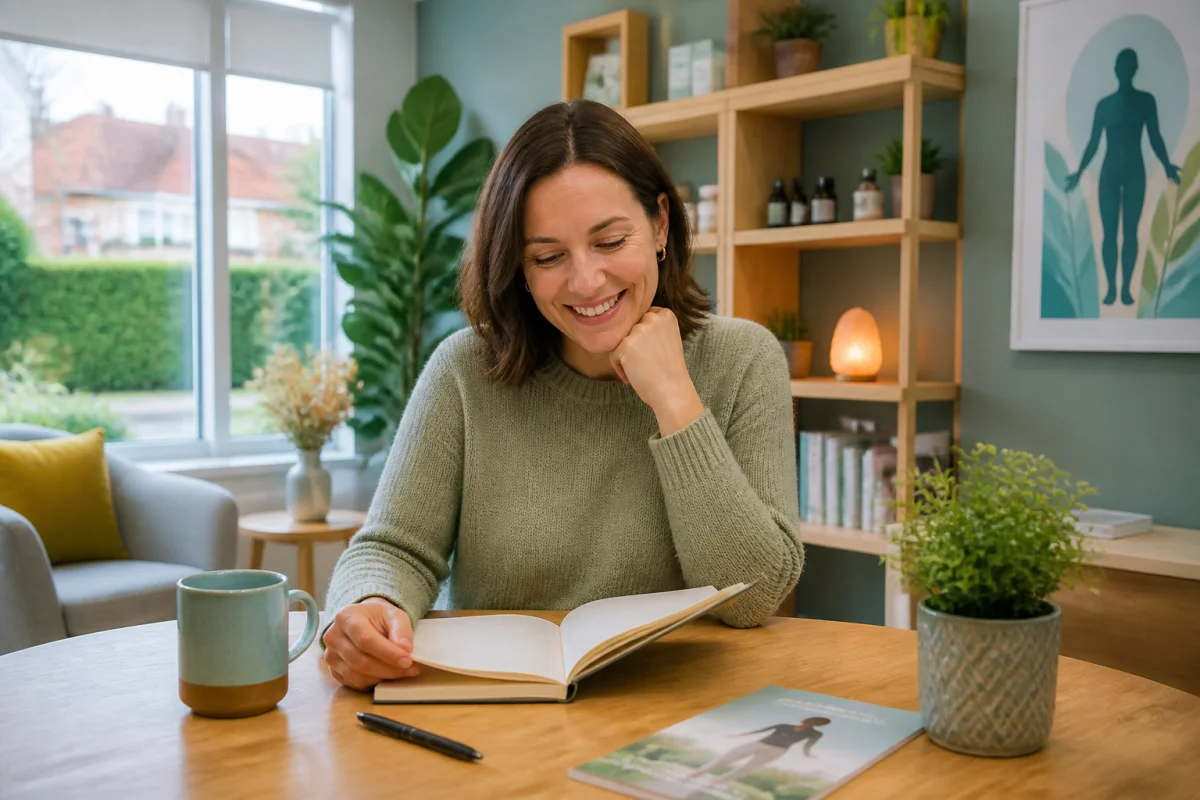 Femme souriante consultant un carnet au cabinet Naturheilpraxis Ehningen, entourée de plantes et d’un intérieur chaleureux.