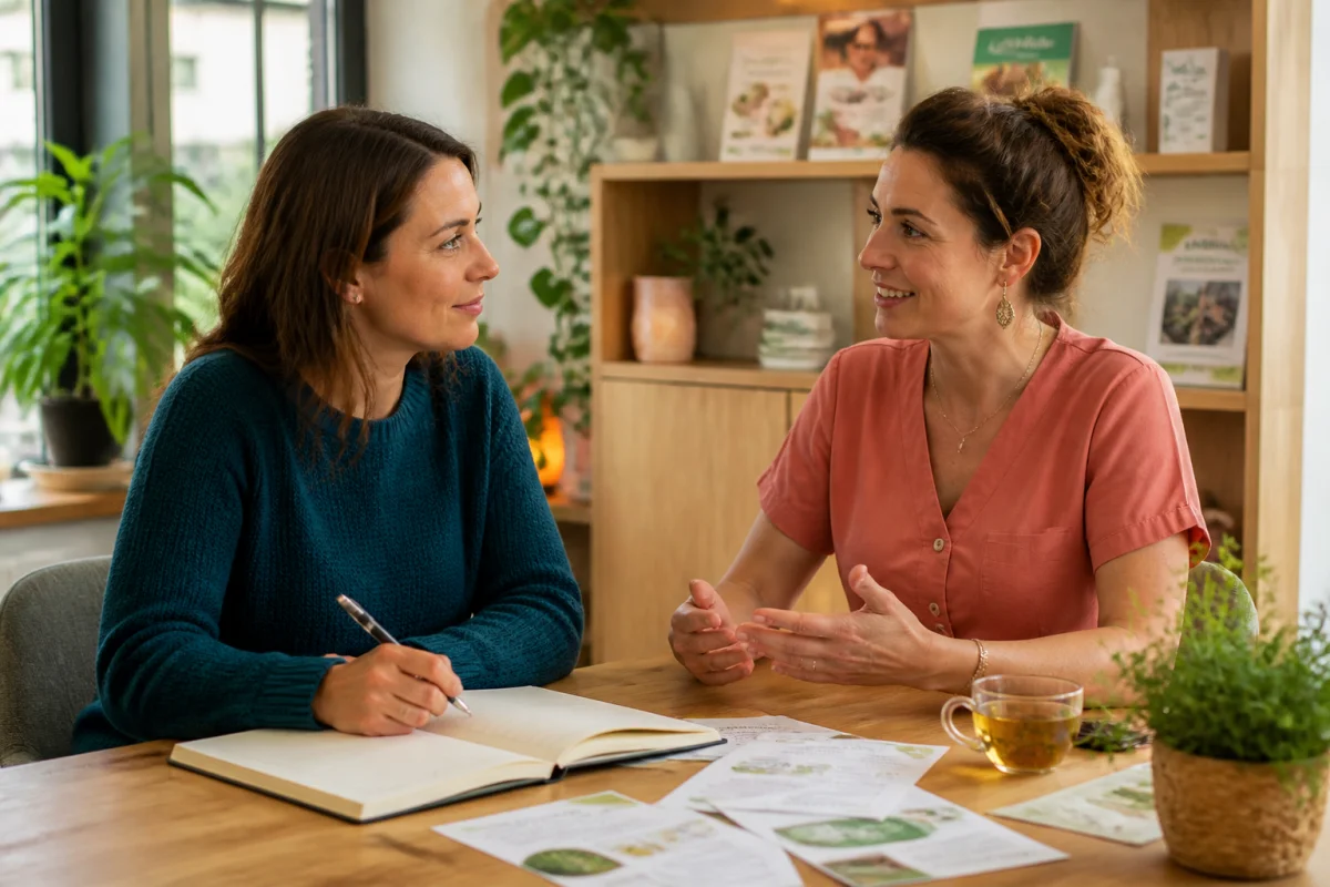 Premier entretien serein avec une praticienne de Naturheilpraxis Ehningen dans un cabinet naturel et chaleureux