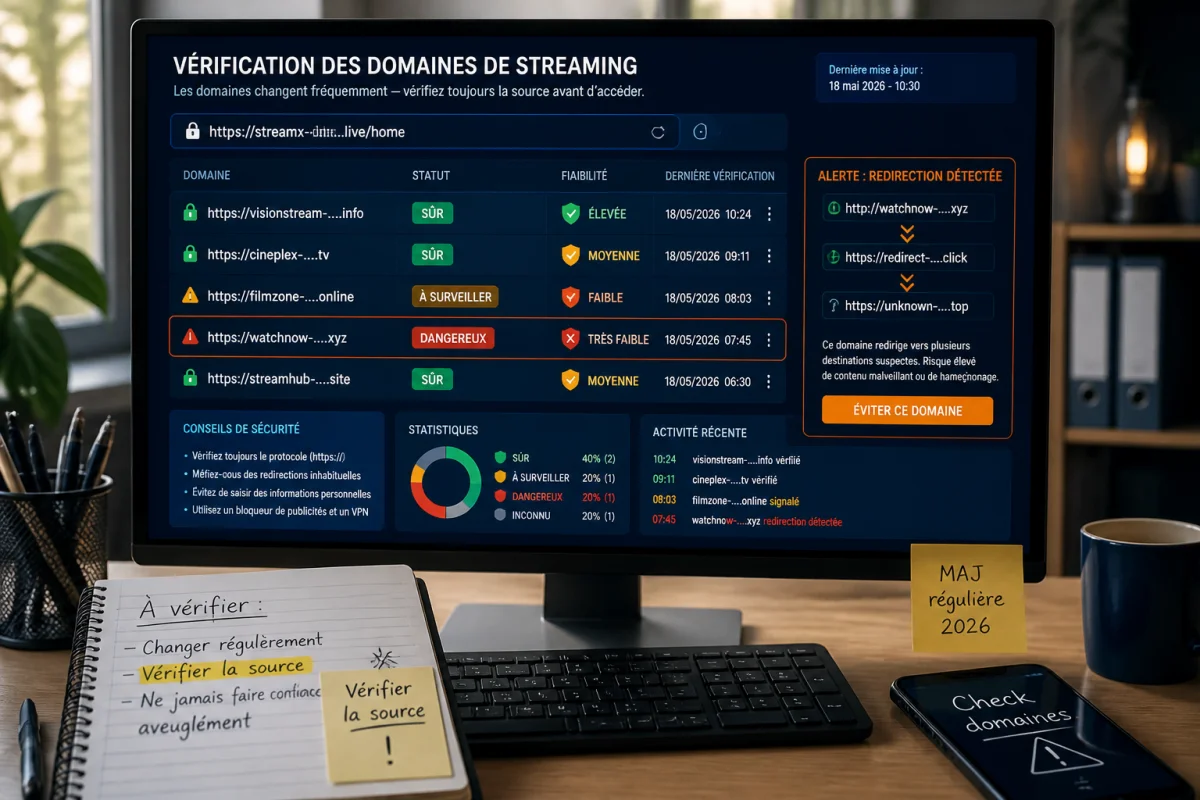Écran d’ordinateur vérifiant french-stream.gratis, avec statuts de domaines, alerte de redirection et notes « vérifier la source ».