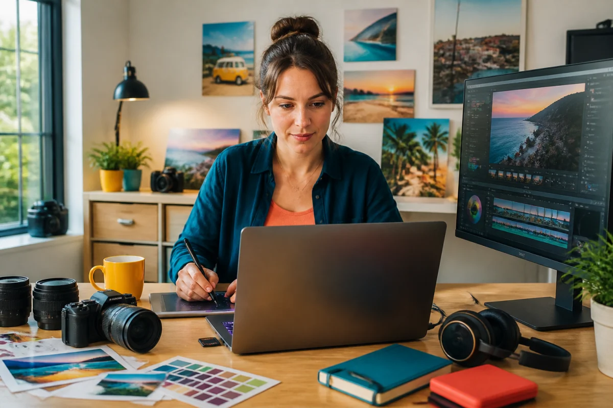 Créatrice visuelle retouchant une photo et montant une vidéo sur un ordinateur portable puissant, avec tablette graphique en studio.