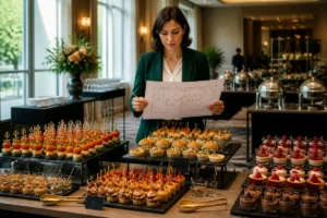 Organisatrice planifiant la logistique traiteur devant un buffet de bouchées, desserts et plateaux pour 80 invités