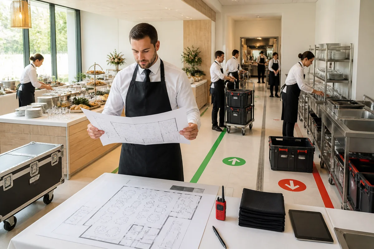 Équipe de traiteurs organisant la logistique d’un événement avec plan de salle, buffet et flux de service séparés