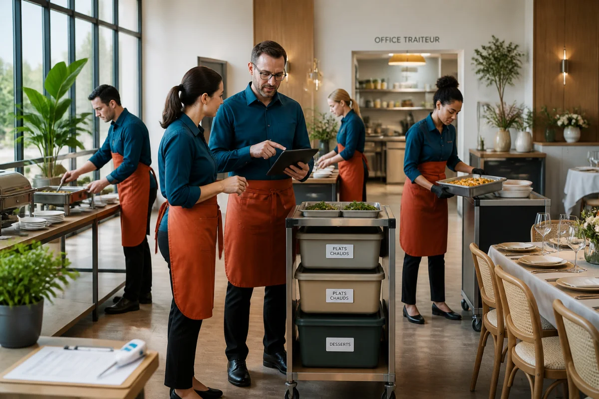 Équipe de traiteurs coordonnant l’organisation d’événements et la logistique traiteur dans une salle de réception