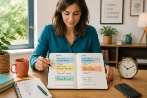 Personne organisant une routine productive avec des blocs de temps flexibles dans un agenda, à un bureau lumineux