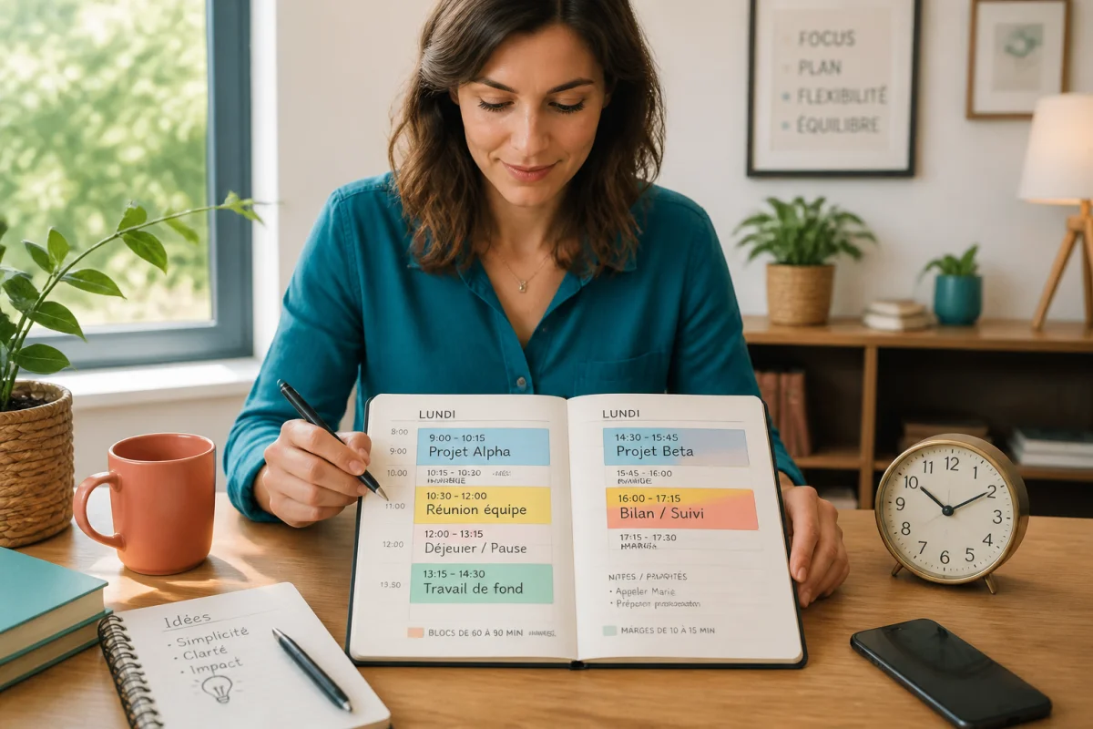 Personne organisant une routine productive avec des blocs de temps flexibles dans un agenda, à un bureau lumineux