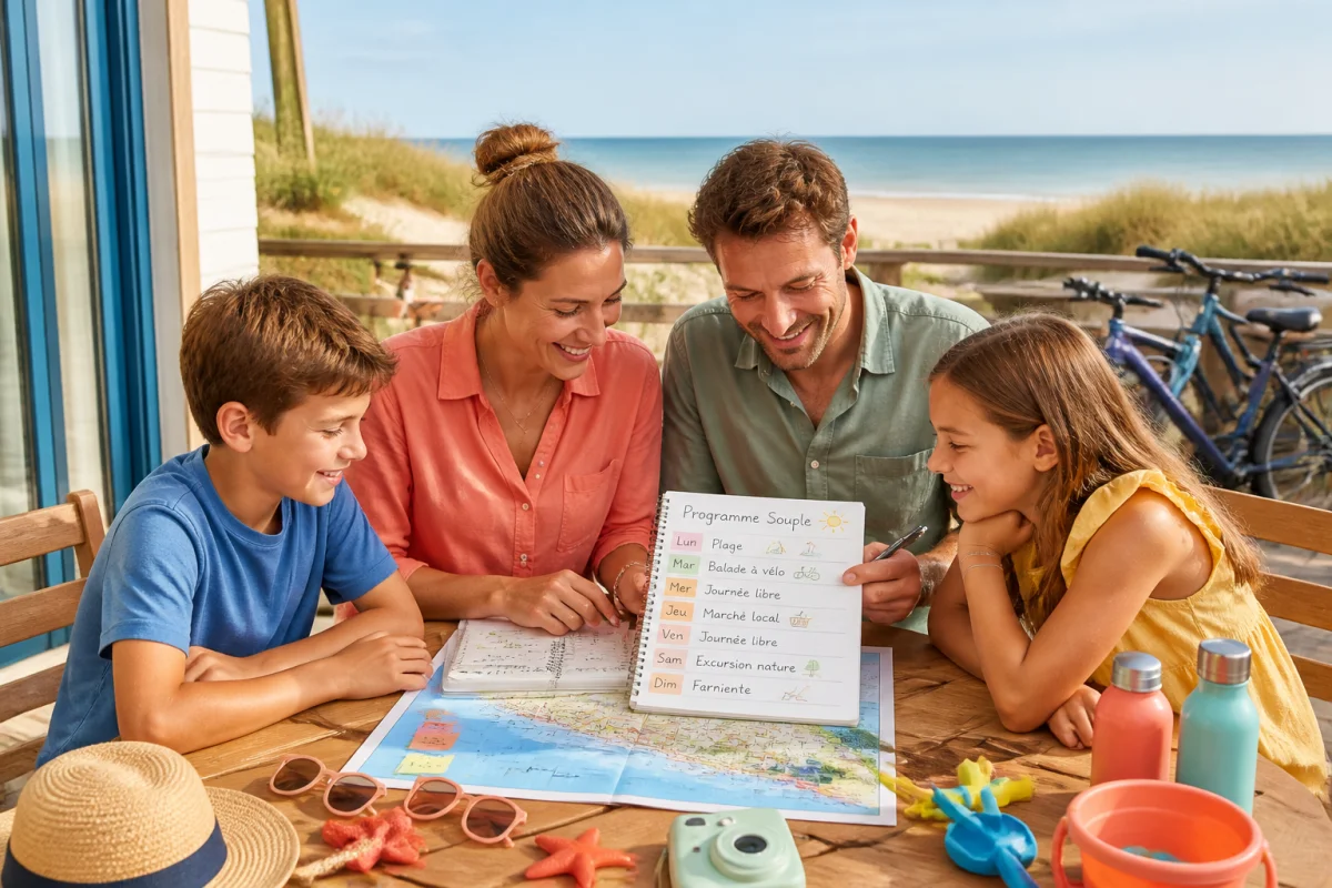 Famille organisant sereinement des vacances au bord de la mer autour d’un planning souple et d’accessoires de plage