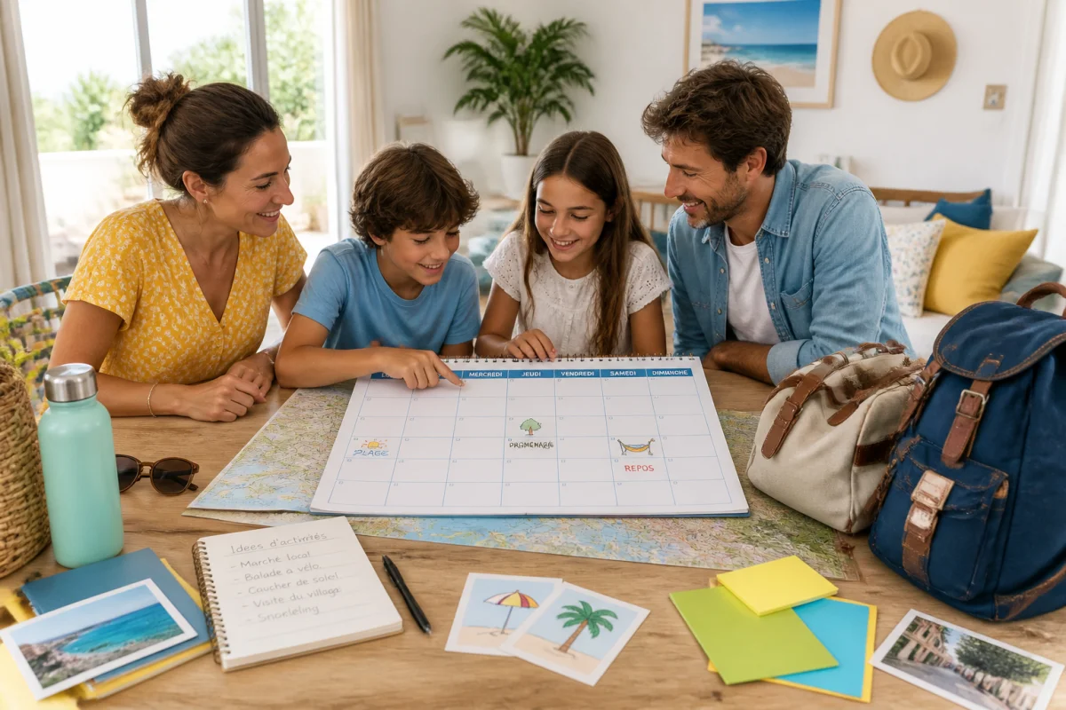 Famille organisée autour d’un planning de vacances flexible, avec activités espacées et moments libres pour voyager sans stress