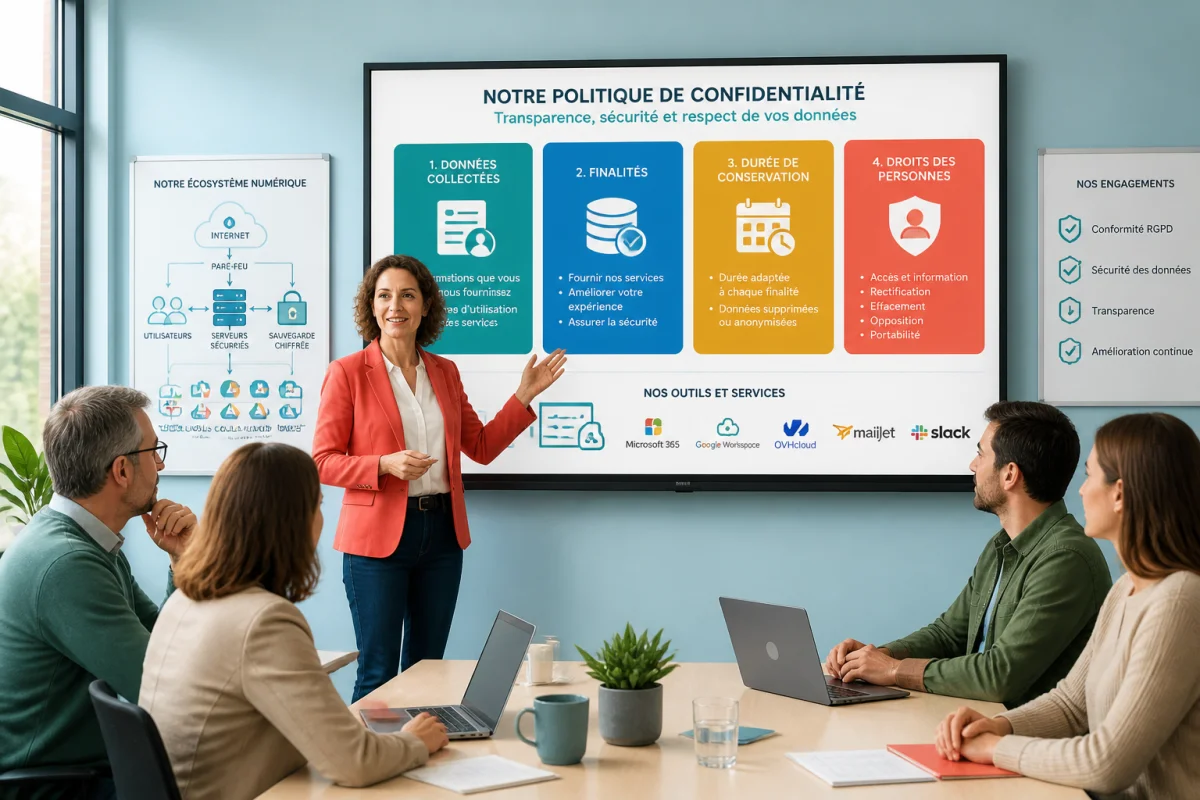Consultante présentant une politique de confidentialité avec données collectées, finalités, conservation et droits des personnes