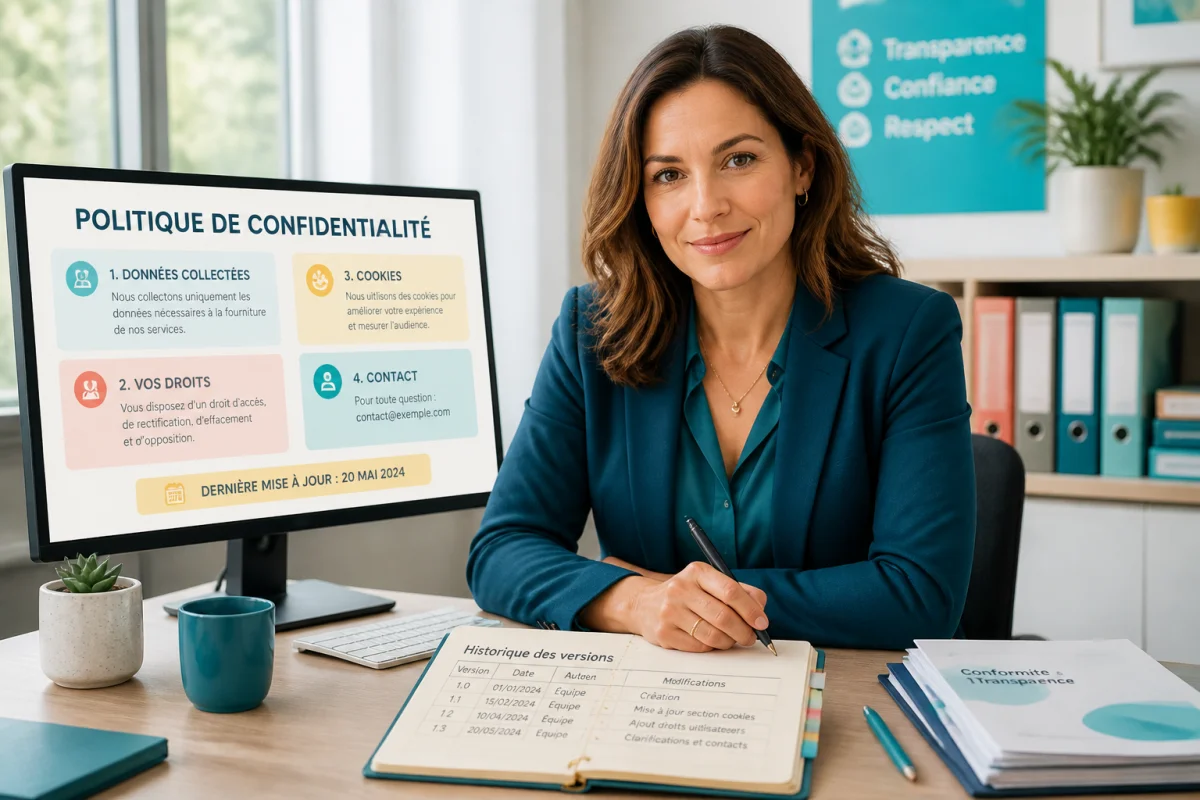 Professionnelle consultant une politique de confidentialité claire sur les données, droits, cookies et date de mise à jour