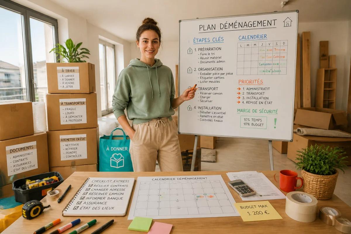 Personne préparant un déménagement seul devant des cartons étiquetés et une checklist organisée dans un salon presque vide