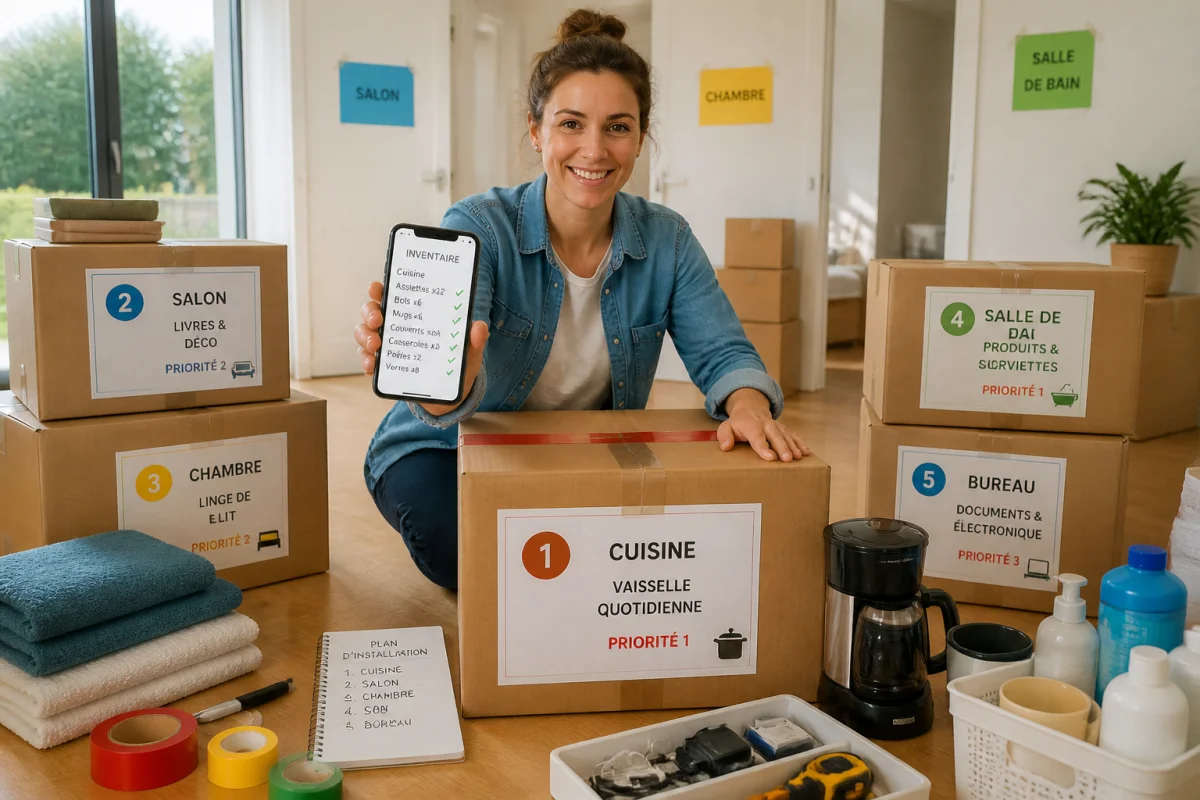 Personne organisant seule des cartons étiquetés et un inventaire téléphonique pour préparer un déménagement seul\Seeder