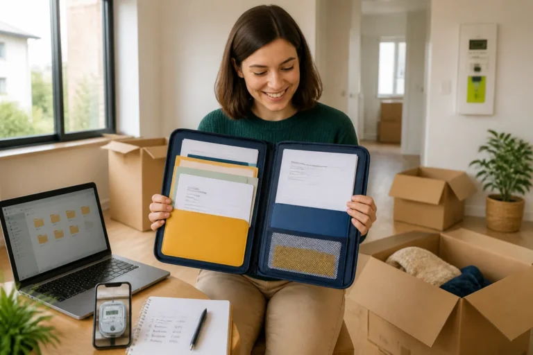 Personne préparant un déménagement seul, organisant ses documents, cartons et relevé de compteur dans un logement presque vide.