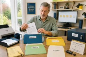 Adulte classant des documents de retraite dans un bureau organisé pour préparer sa retraite sereinement