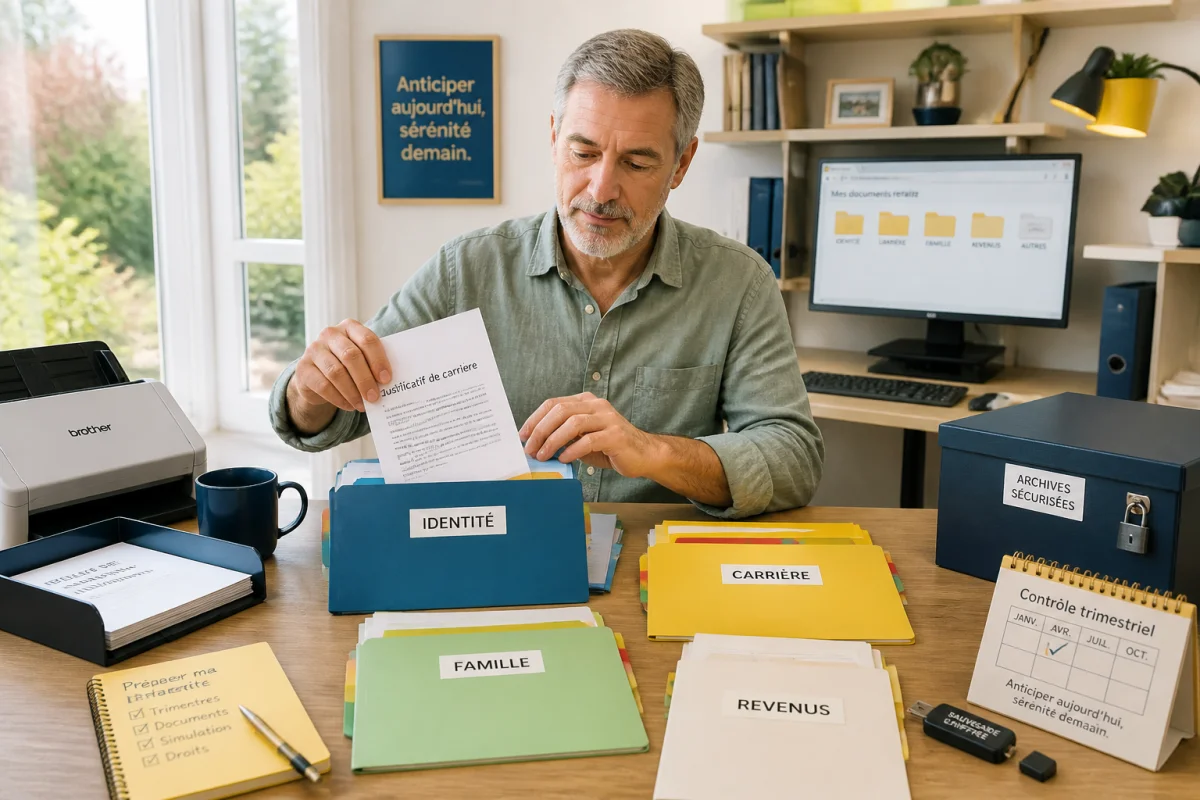 Adulte classant des documents de retraite dans un bureau organisé pour préparer sa retraite sereinement