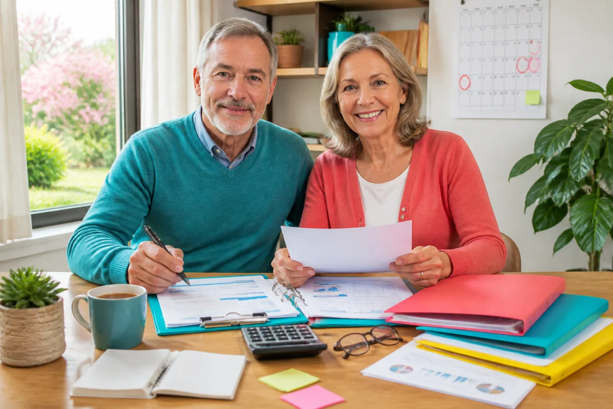 Couple proche de la retraite organisant sereinement leur départ avec calendrier, documents financiers et démarches administratives autour d’une table.