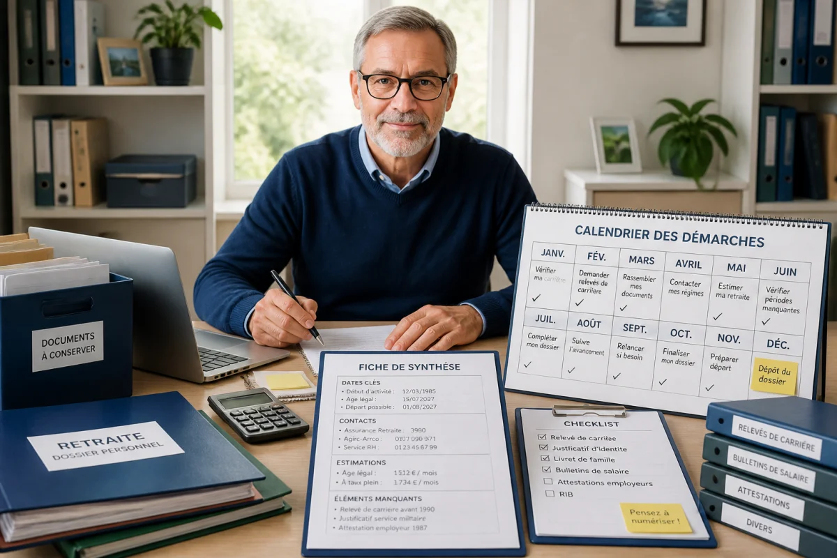 Personne d’âge mûr préparant sereinement sa retraite avec calendrier, checklist et documents classés sur un bureau lumineux